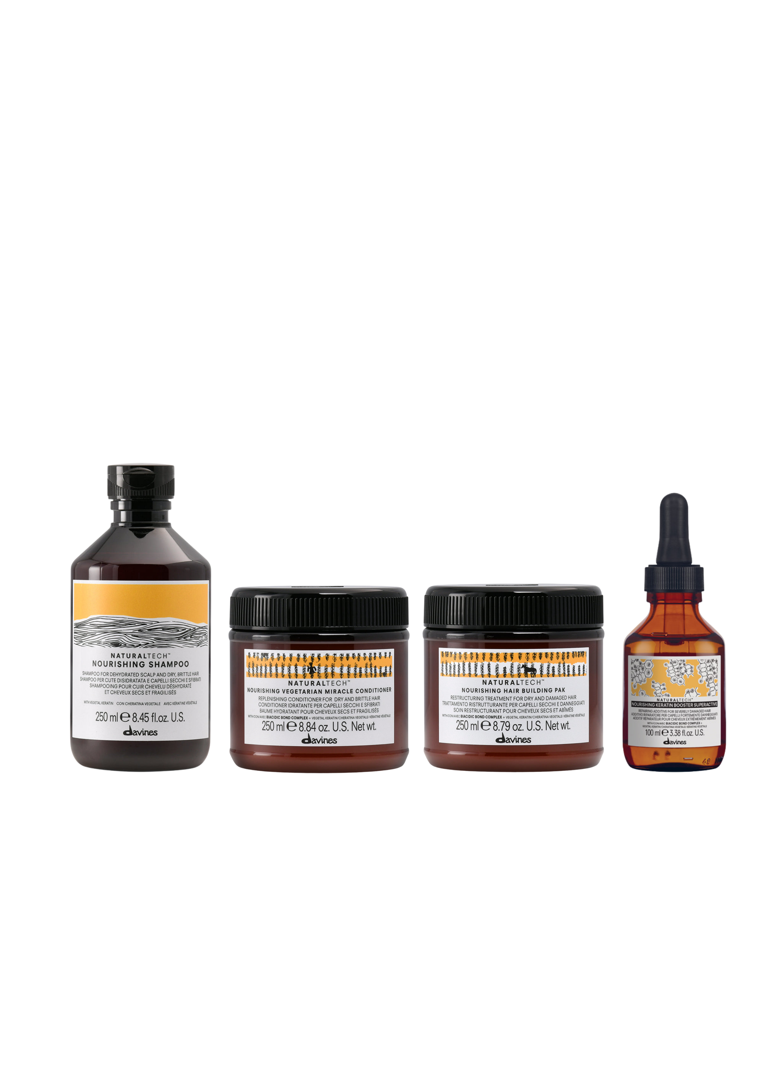 Davines Pack Nourishing
Davines Nourishing Shampoo 250 ml
Davines Nourishing Conditioner 250 ml
Davines Hair Building Pak 250 ml
Davines Keratin Sealer 100 ml
tratamiento Nourishing Davines
pack reparación capilar Davines