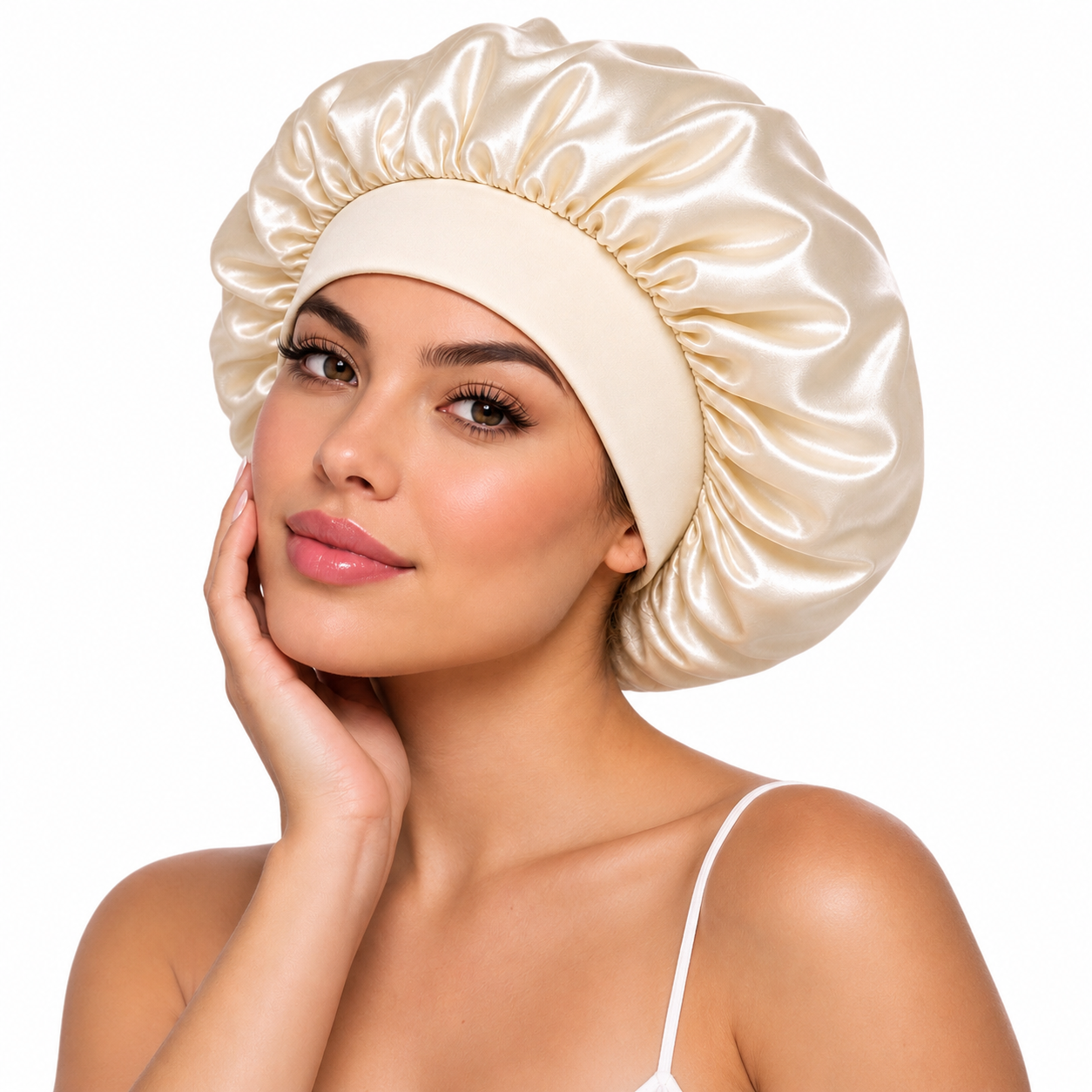 Gorro de Satén beige para Dormir y Proteger el Cabello