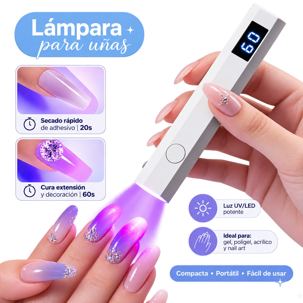 Lámpara UV/LED para Uñas Portátil 20s/60s
