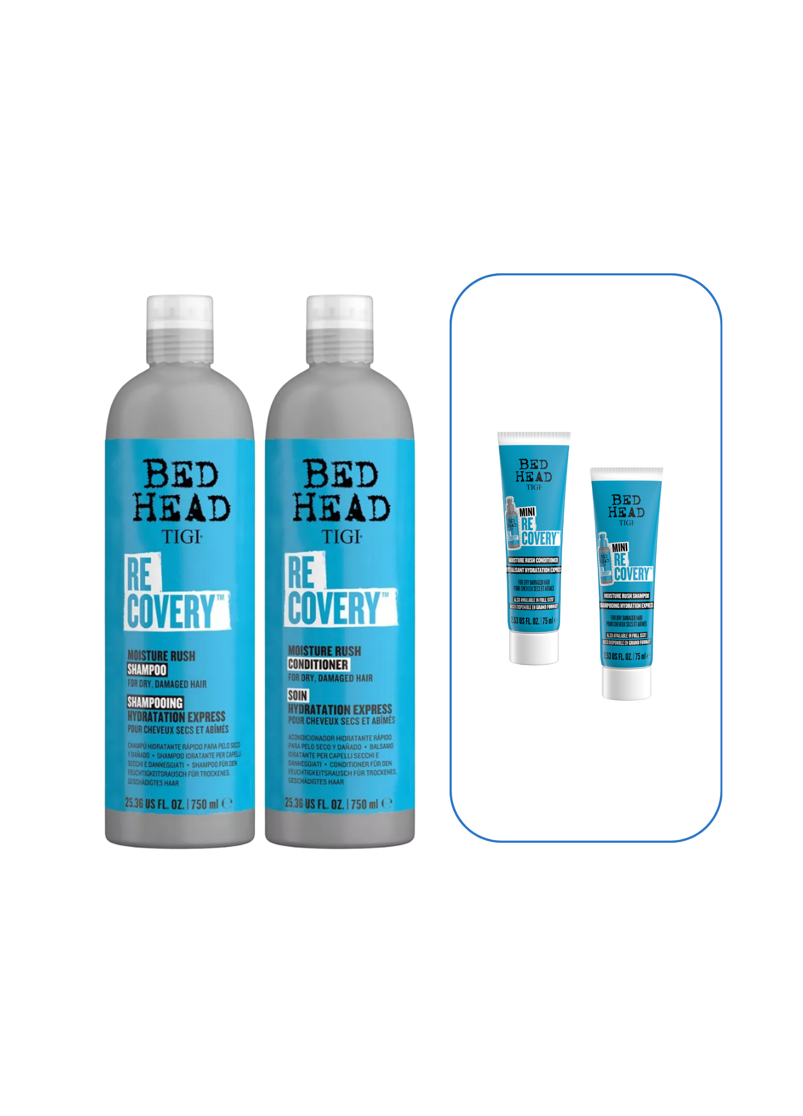 Pack TIGI Bed Head Recovery Shampoo + Conditioner 750 ml + Dúo Travel 75 ml | Hidratación Profesional