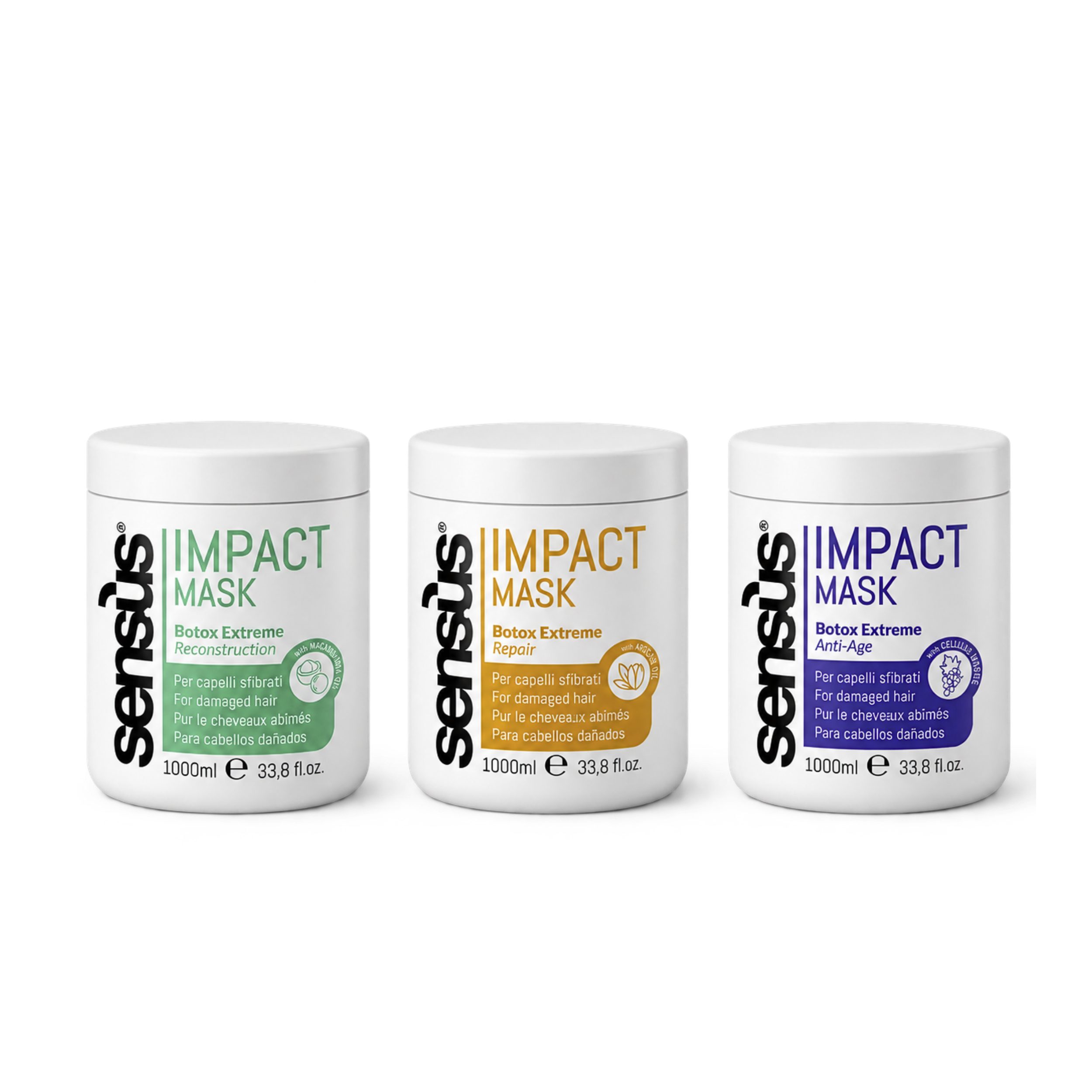 tripack Sensus, Sensus Impact Mask, Sensus Botox Extreme, tripack mascarillas Sensus, mascarilla Sensus 1000 ml, mascarilla capilar profesional, Botox Extreme Sensus, Sensus Reconstruction, Sensus Repair, Sensus Anti-Age, mascarilla de macadamia Sensus, mascarilla de argán Sensus, mascarilla células madre Sensus, tratamiento capilar Sensus, mascarilla reparadora profesional, mascarilla reconstructora, tratamiento para cabello dañado, mascarilla para cabello seco, tratamiento para cabello tratado químicament