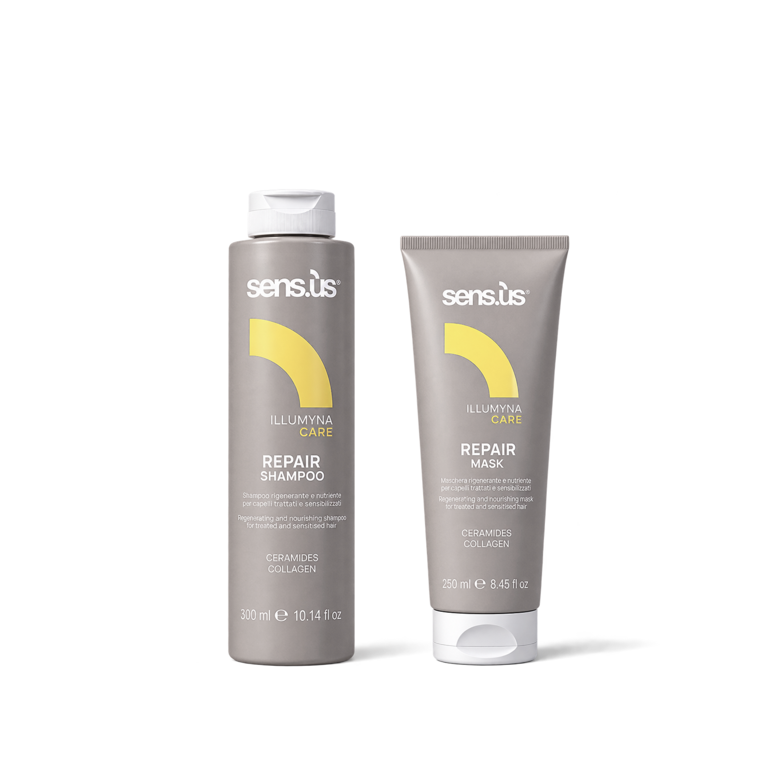 pack Sensus, pack Sensus Illumyna Care Repair, Sensus Illumyna Care Repair, shampoo y mascarilla Sensus, shampoo Sensus Repair, mascarilla Sensus Repair, Sensus Repair Shampoo 300 ml, Sensus Repair Mask 250 ml, shampoo para cabello dañado, mascarilla para cabello dañado, shampoo cabello tratado químicamente, mascarilla cabello sensibilizado, tratamiento para cabello dañado, tratamiento regenerador capilar, tratamiento nutritivo para el cabello, shampoo reparador profesional, mascarilla reparadora profesiona