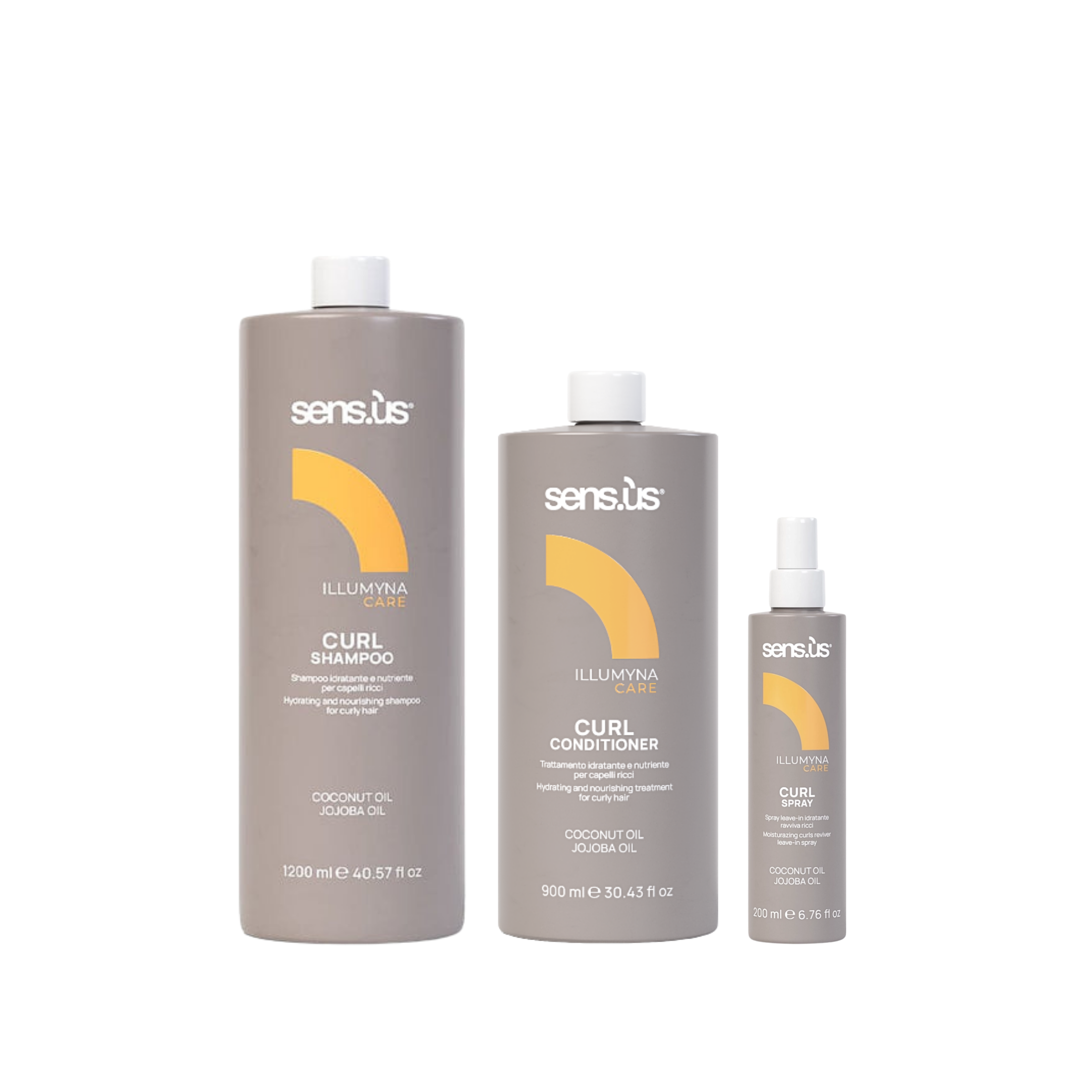 Pack Curl Sensus rizos y ondas Shampoo 1200 ml + acondicionador 900ml + Spray sin enjuague 200ml Illumyna Care