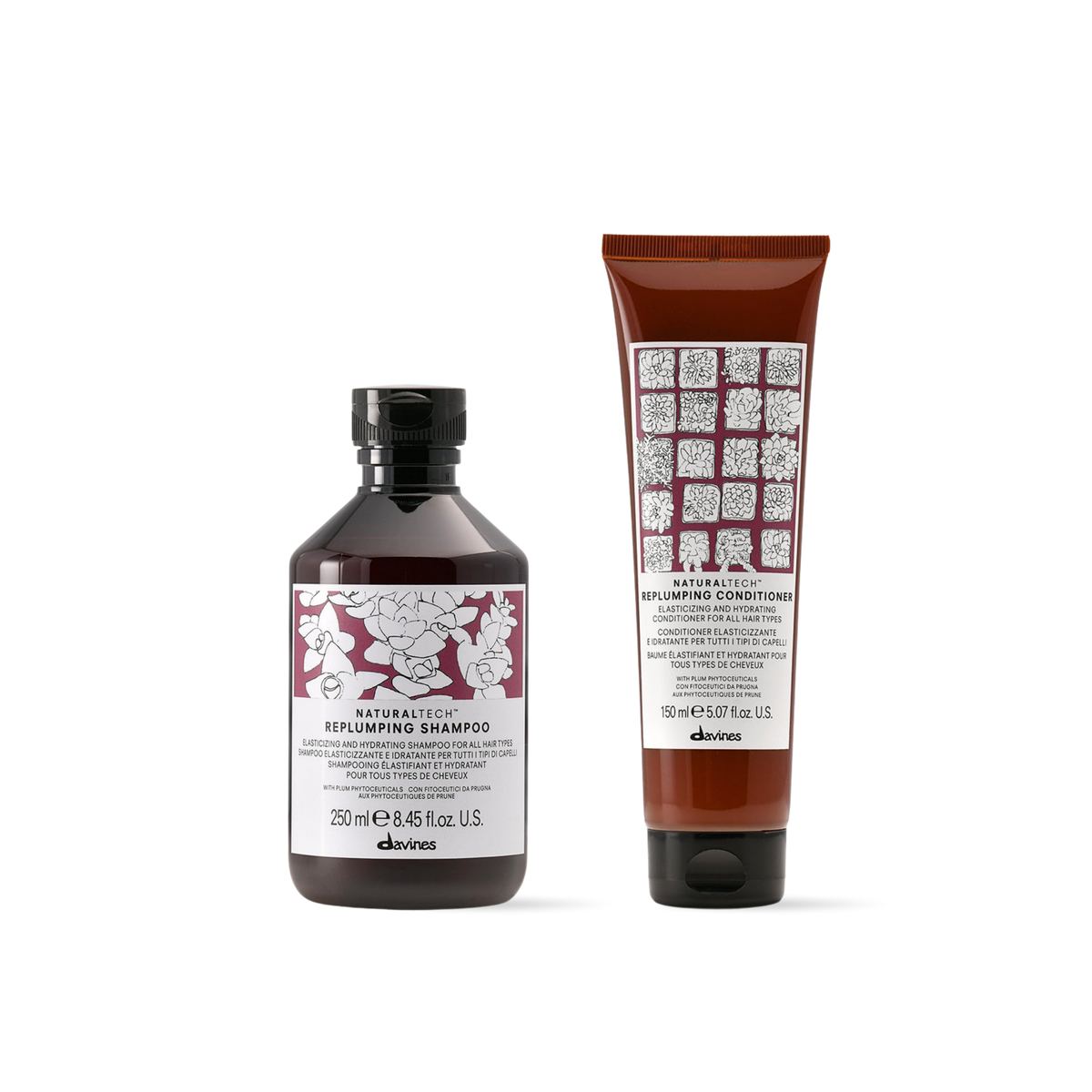 Pack Davines Naturaltech Replumping Shampoo 250ml + Conditioner 150ml | Hidratación, Elasticidad y Volumen