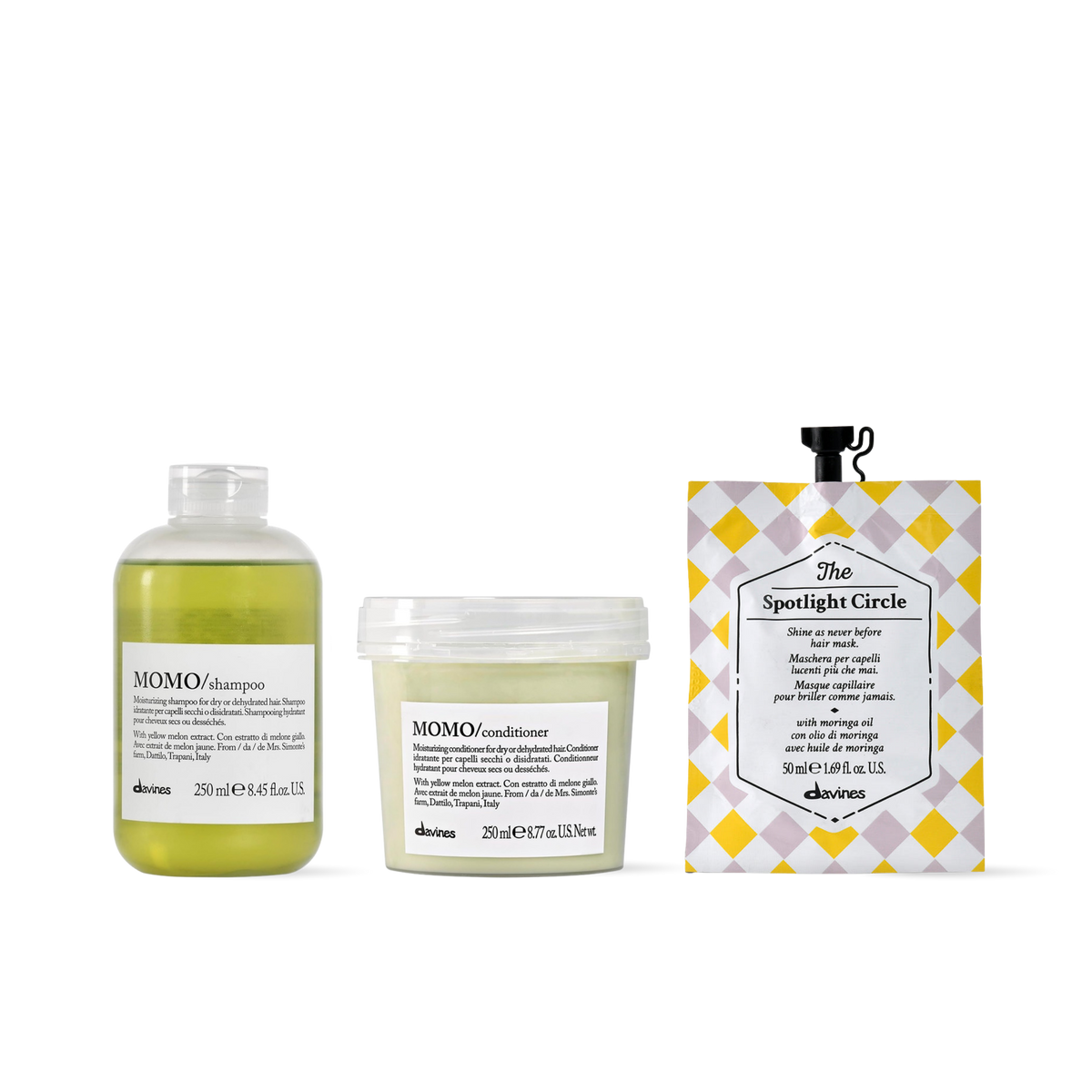 Pack Davines MOMO Shampoo 250ml + Acondicionador 250ml + The Spotlight Circle 50ml   | Hidratación y Brillo Intenso
