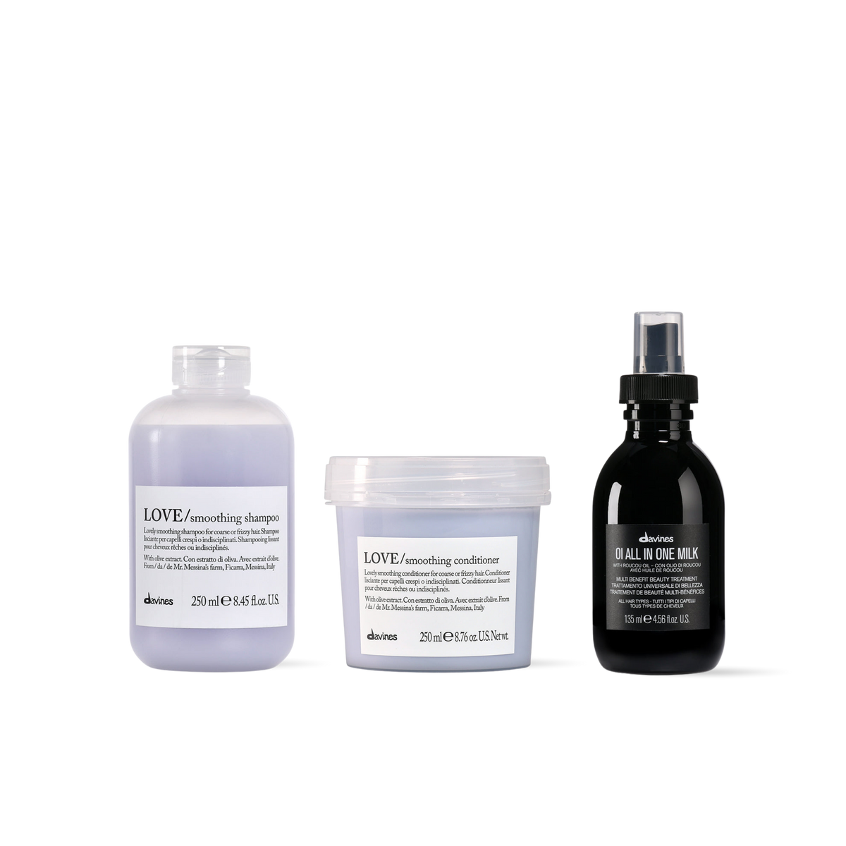 Pack Davines LOVE Smoothing Shampoo+ Conditioner 250 ml + OI All In One Milk 135 ml | Control del Frizz, Suavidad y Protección