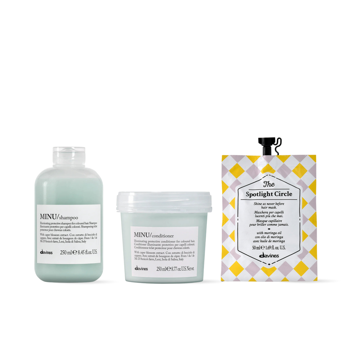 Pack Davines MINU Shampoo  + Conditioner 250 ml + The Spotlight Circle 50 ml | Protección y Brillo para Cabello Teñido