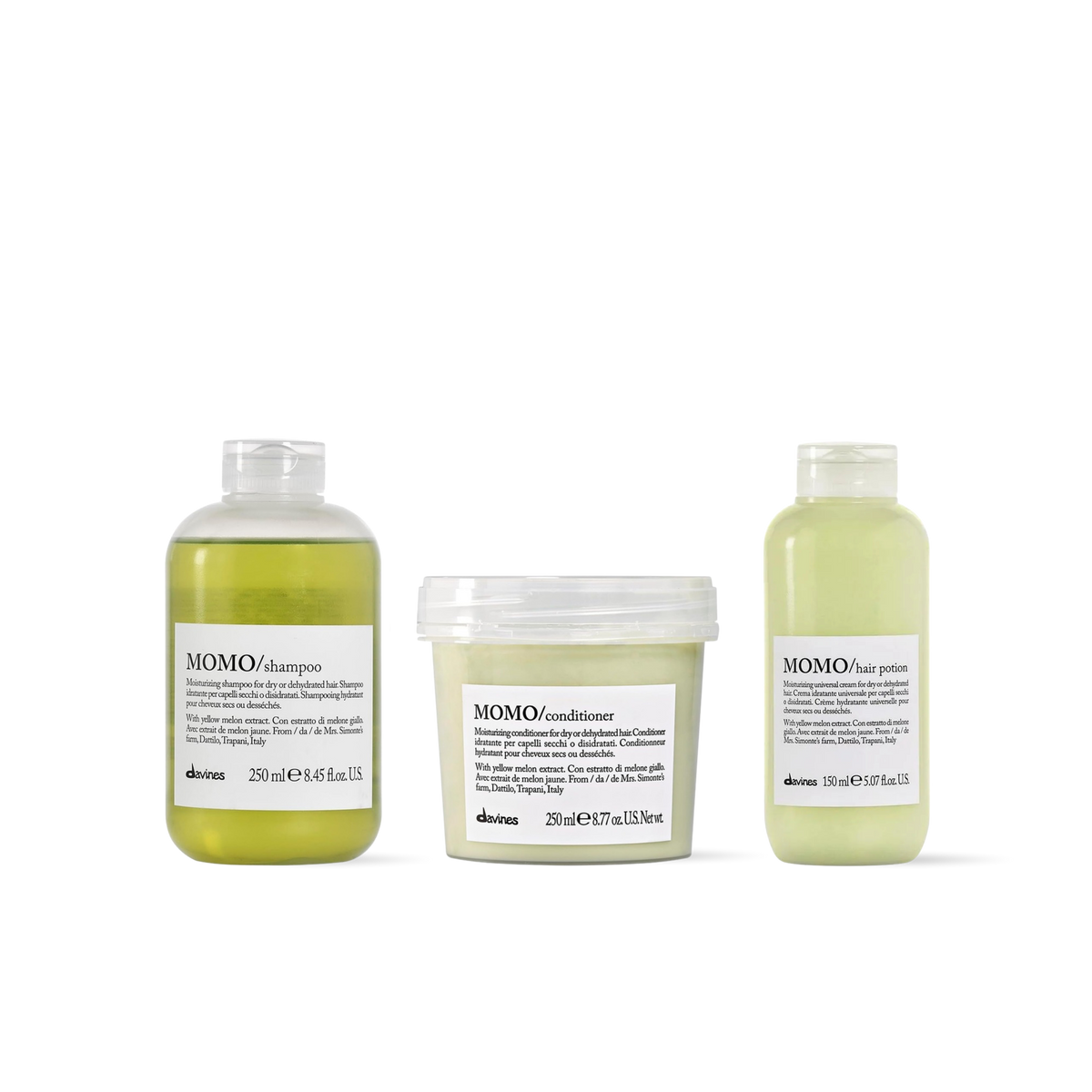 Pack Davines MOMO Shampoo + Acondicionador + Hair Potion 150ml | Hidratación Completa para Cabello Seco