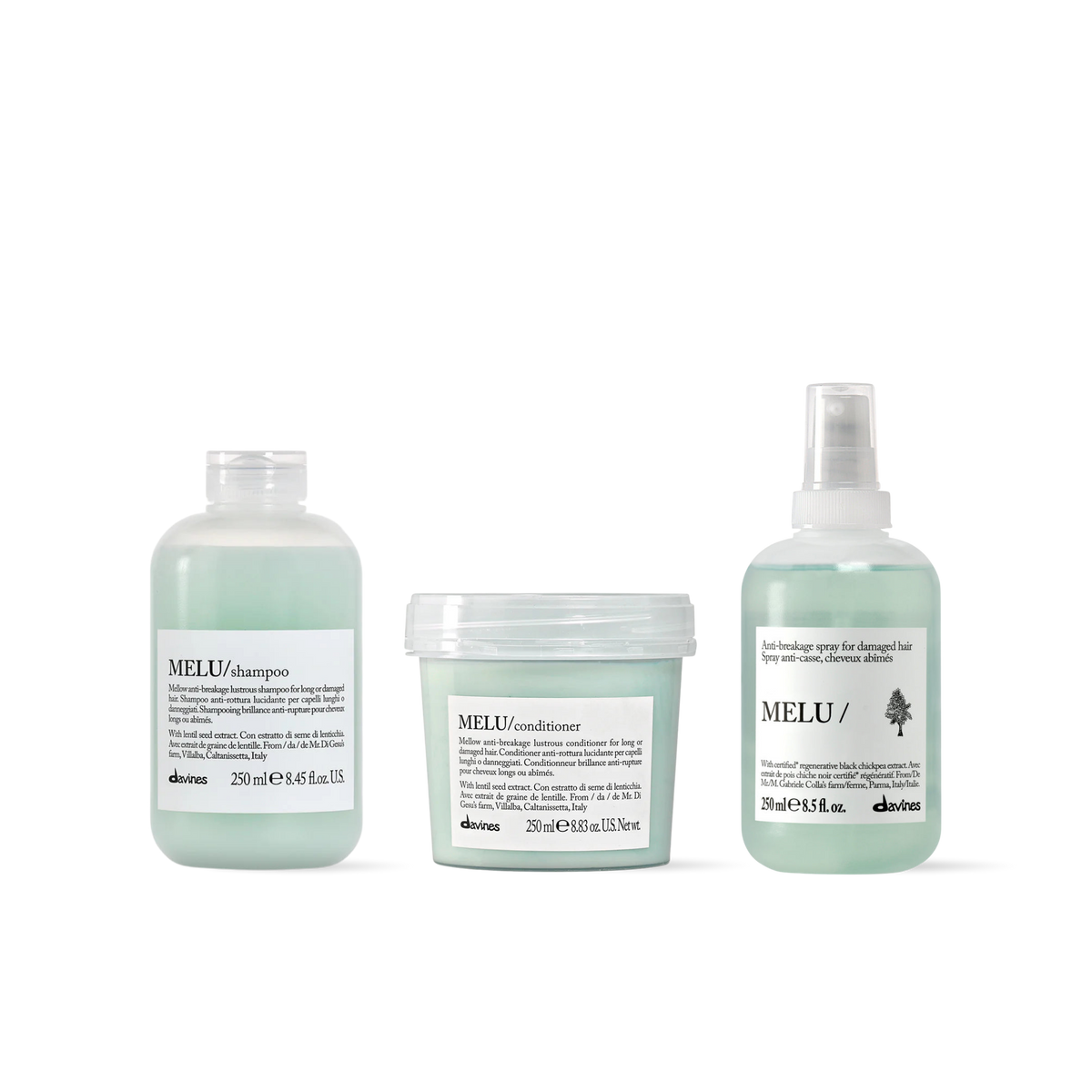 Davines MELU Shampoo 250 ml + Acondicionador 250 ml + Hair Shield 250 ml | Pack Fortalecedor y Protector Térmico