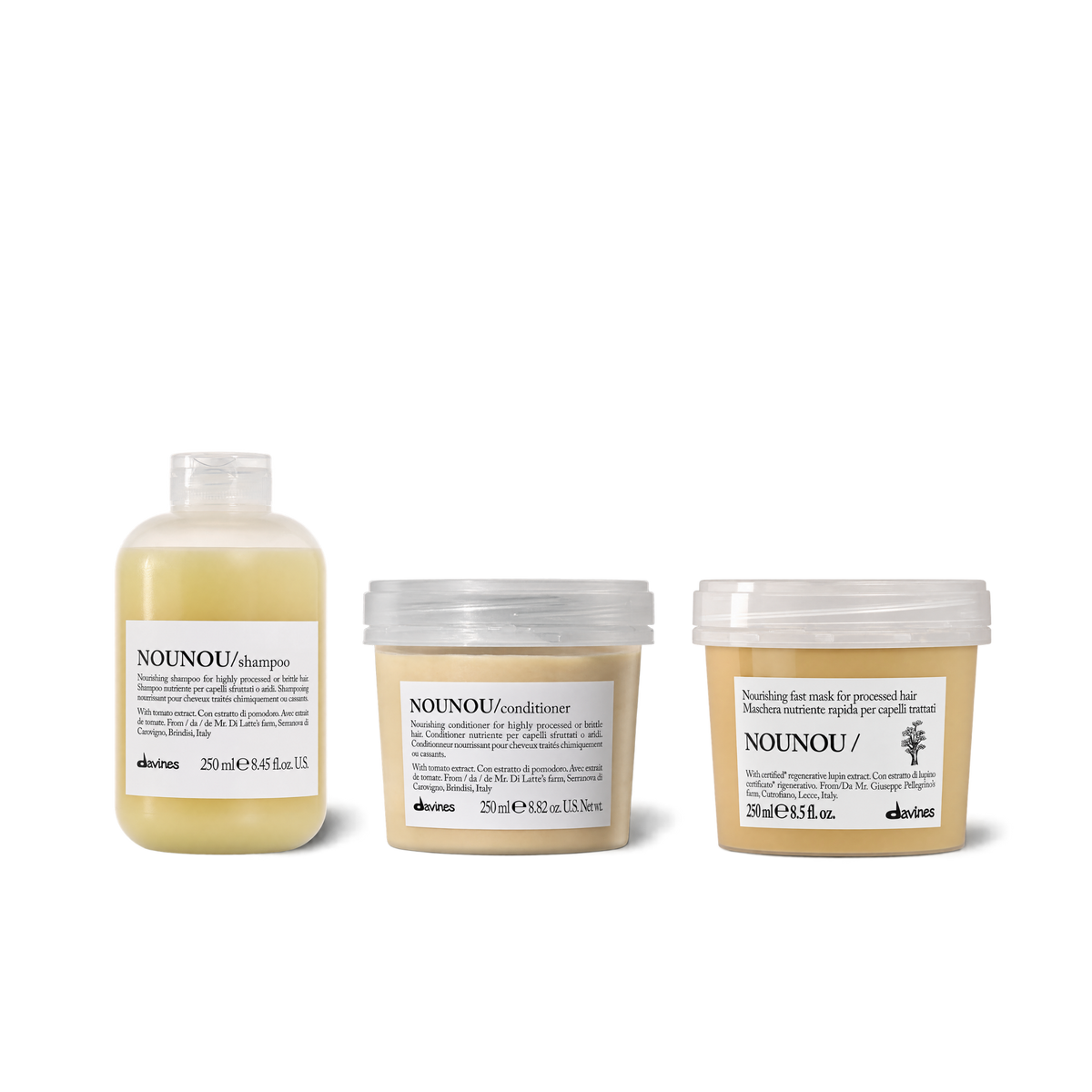 Pack Nounou Davines Shampoo + Acondicionador + Mascarilla 250 ml Reparación Intensiva para Cabello Dañado