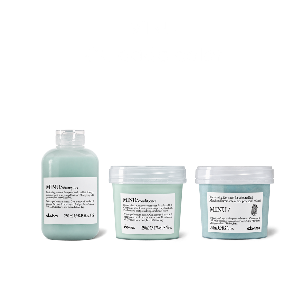 Pack Minu Davines Shampoo + Acondicionador + Mascarilla 250ml Protección del Color y Brillo