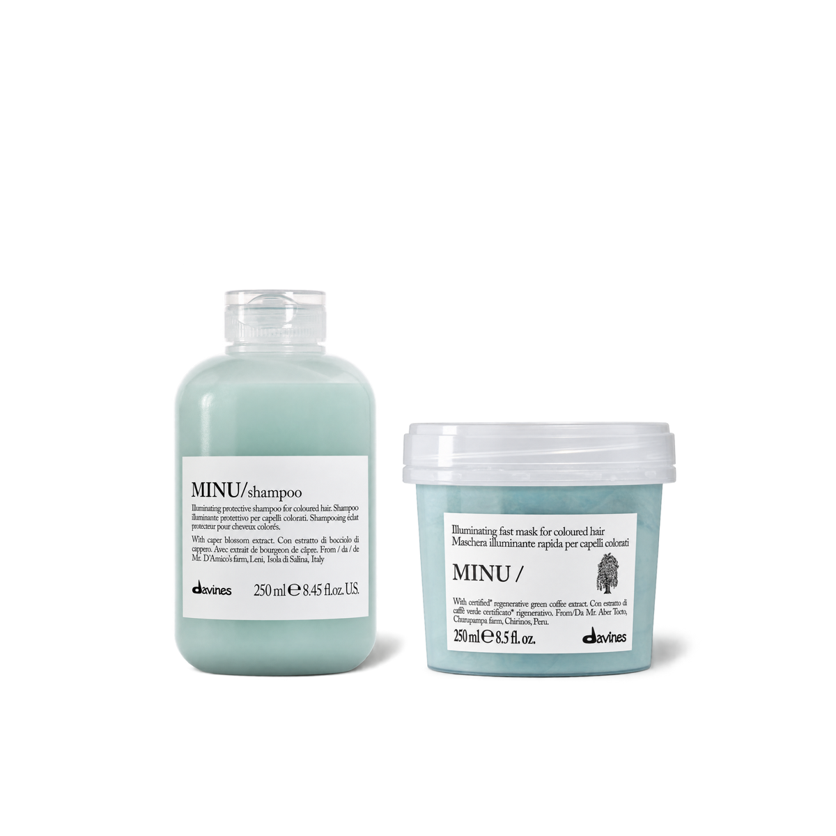 Pack Minu Davines Shampoo y Mascarilla 250ml protección e hidratación para cabello teñido